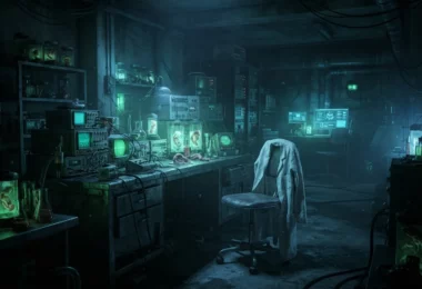 Laboratoire souterrain de sciences marginales baigné de lumière bleue et verte, évoquant l'univers de la série Fringe.