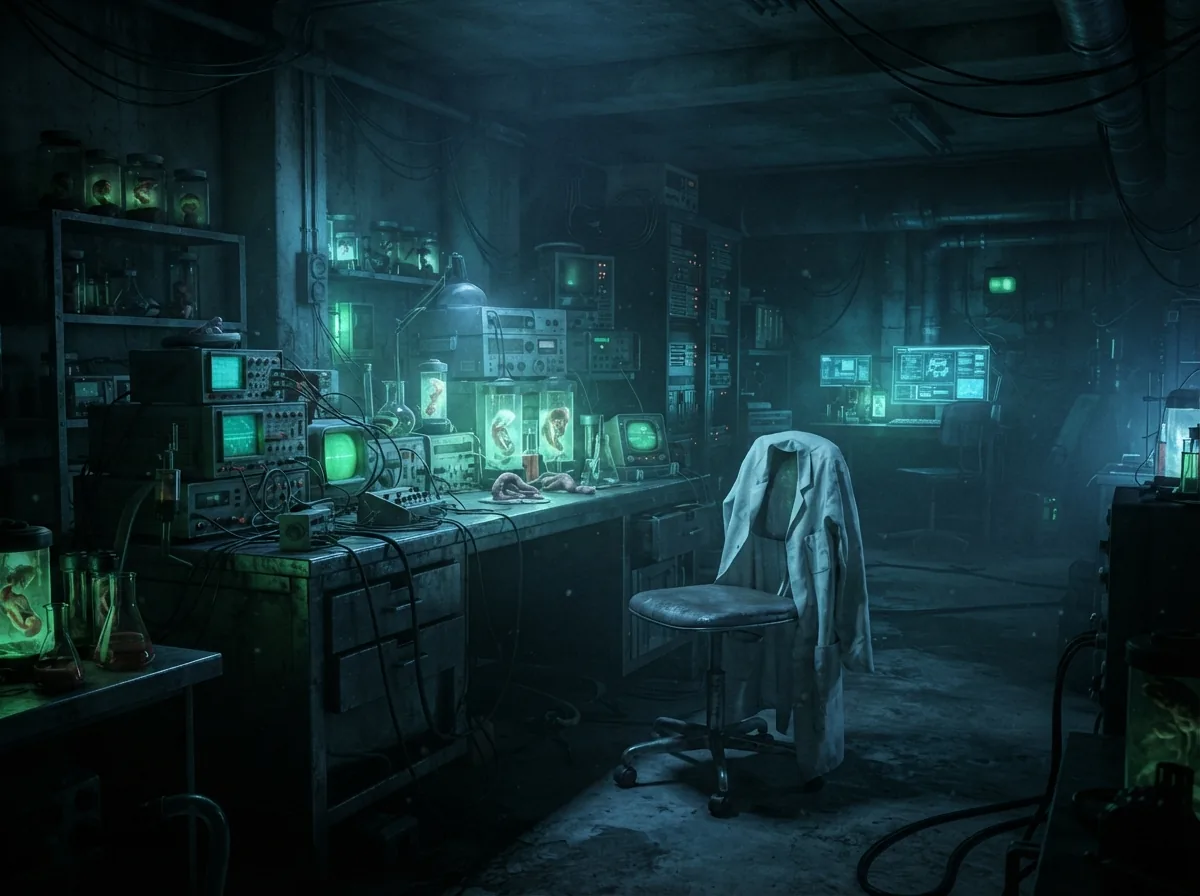 Laboratoire souterrain de sciences marginales baigné de lumière bleue et verte, évoquant l'univers de la série Fringe.