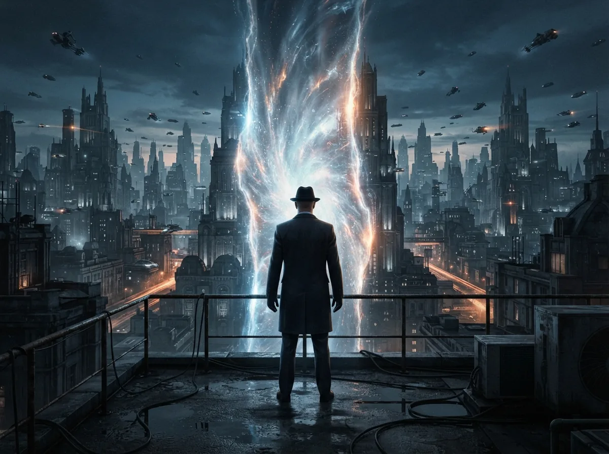 Deux versions parallèles d'une ville séparées par une faille lumineuse, un observateur de dos, en référence aux univers parallèles de Fringe.