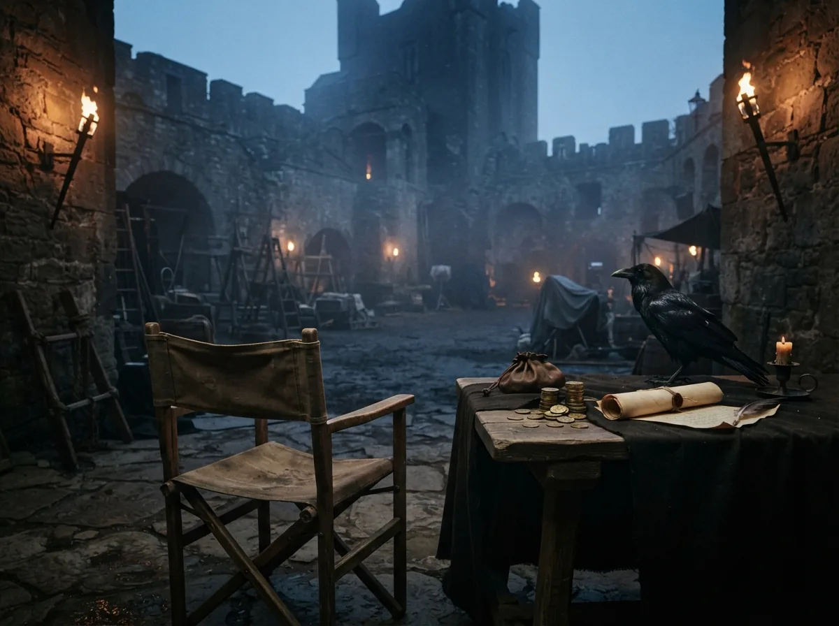 Game of Thrones acteurs : le casting et ses anecdotes de tournage 2 Plateau de tournage médiéval au crépuscule avec chaise de réalisateur, corbeau et pièces d'or, évoquant les coulisses du casting.