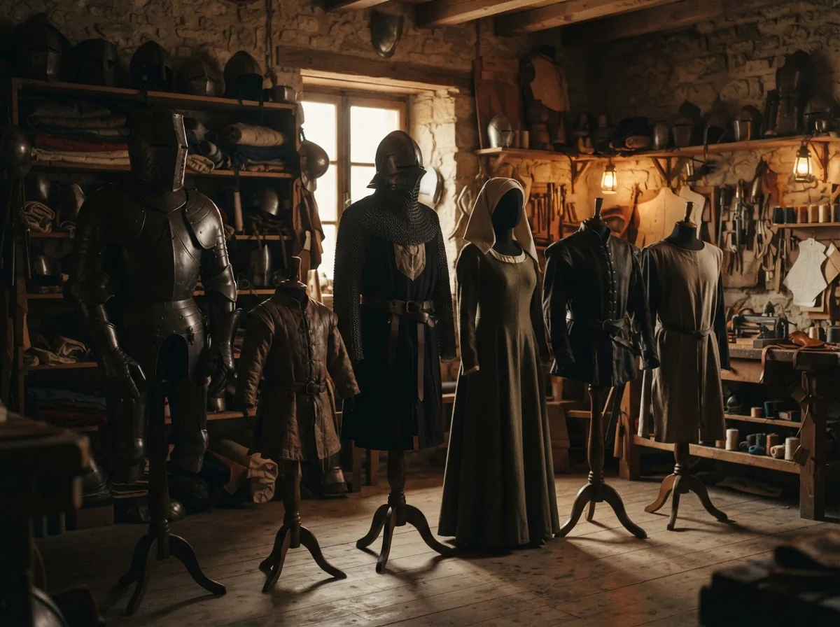 Game of Thrones acteurs : le casting et ses anecdotes de tournage 1 Atelier de costumes avec armures et tuniques sur mannequins, symbolisant les acteurs avant leur transformation.