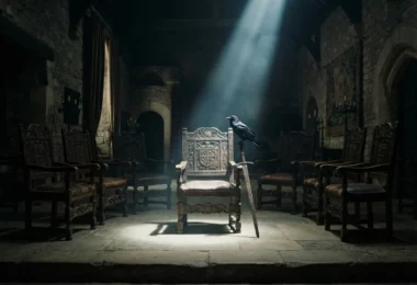 Salle d'audition médiévale faiblement éclairée avec chaises vides et épée, évoquant le casting de la série.