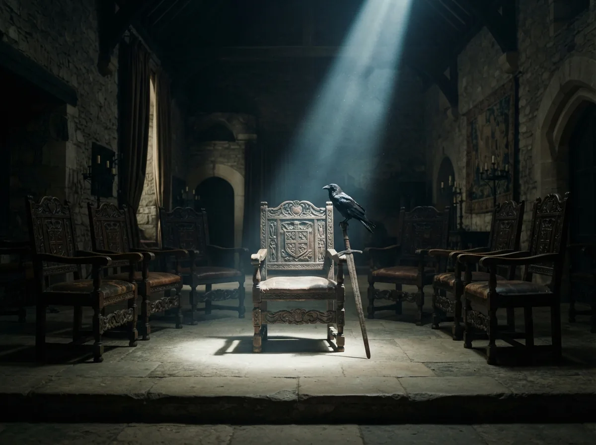 Salle d'audition médiévale faiblement éclairée avec chaises vides et épée, évoquant le casting de la série.