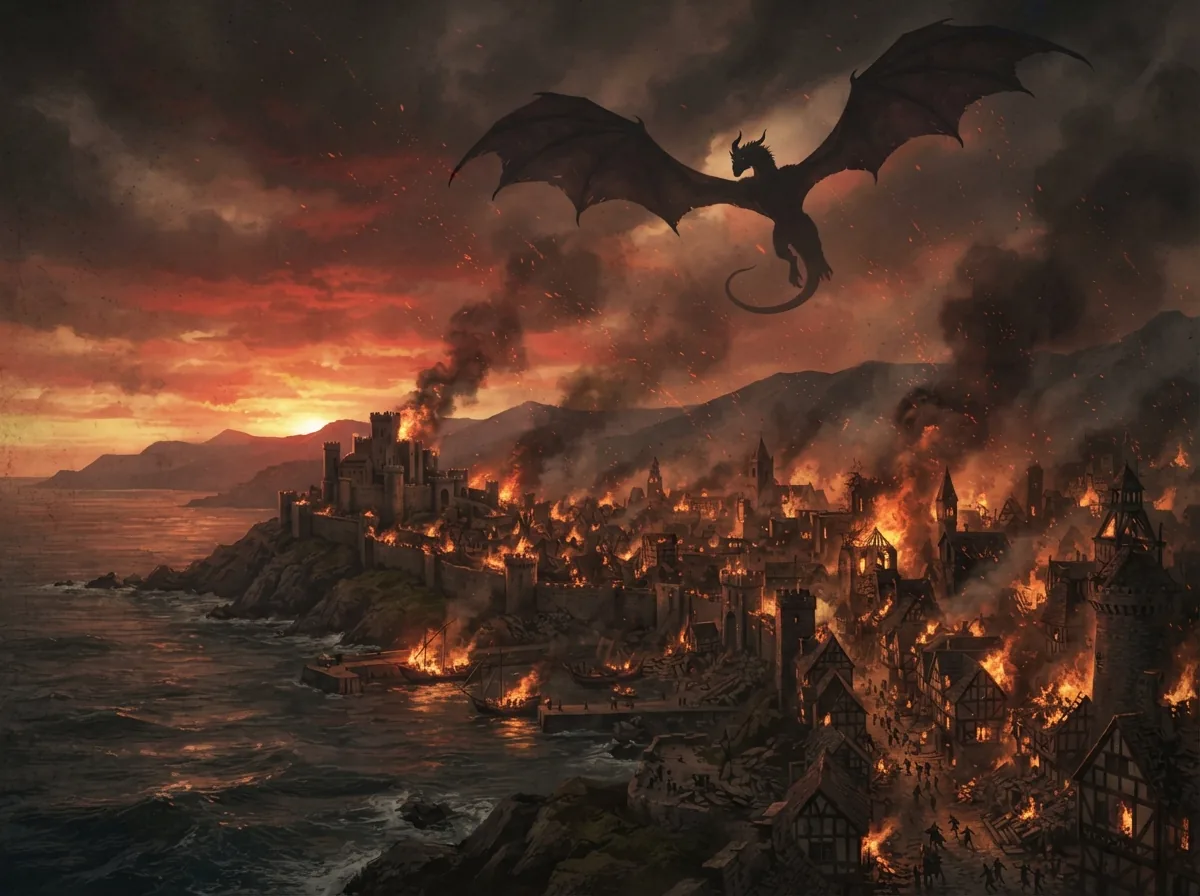 Game of Thrones : la série qui a fait basculer la fantasy à la télé 2 Illustration d'un dragon survolant une cité médiévale en flammes au crépuscule, ciel rouge et braises.