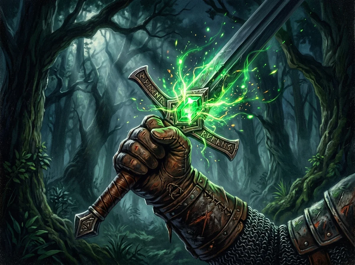 Gros plan sur une épée dont la garde enchâsse une pierre magique verte lumineuse, dans une forêt sombre baignée de clair de lune.