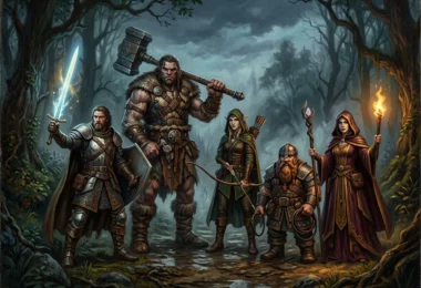 Un groupe de cinq aventuriers (guerrier, géant, elfe, nain, sorcière) réuni à la lisière d'une forêt brumeuse, dans le style d'une affiche de fantasy des années 80.