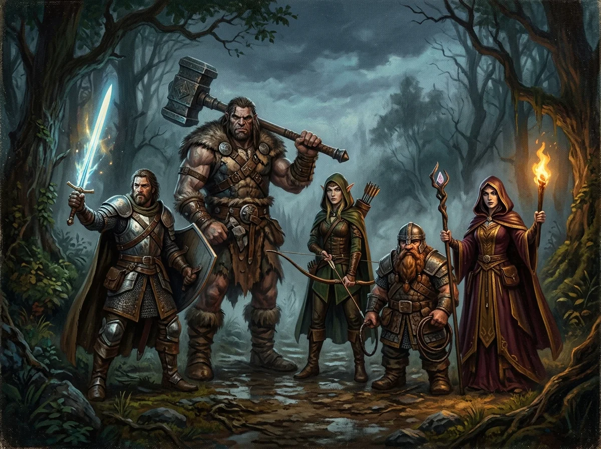 Un groupe de cinq aventuriers (guerrier, géant, elfe, nain, sorcière) réuni à la lisière d'une forêt brumeuse, dans le style d'une affiche de fantasy des années 80.