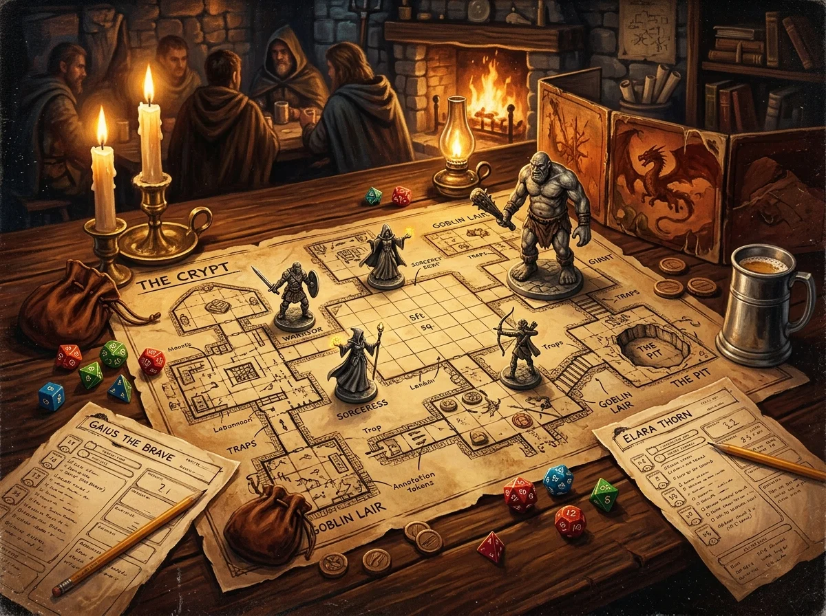 Vue en plongée d'une table de jeu de rôle avec une carte de donjon dessinée à la main, des dés et des figurines d'aventuriers, à la lumière des bougies.