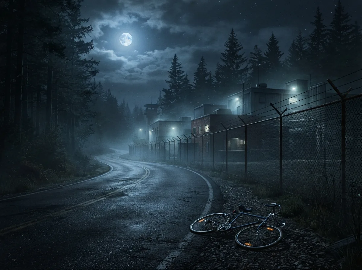 Hawkins, la ville-personnage de Stranger Things 1 Route boisée surnommée Mirkwood longeant le laboratoire national de Hawkins la nuit.