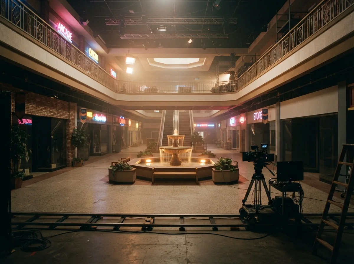 Hawkins, la ville-personnage de Stranger Things 2 Intérieur d'un centre commercial des années 1980 reconstitué évoquant le Starcourt Mall de Stranger Things.