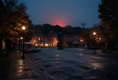 Illustration d'une petite ville américaine des années 1980 au crépuscule évoquant Hawkins dans Stranger Things.