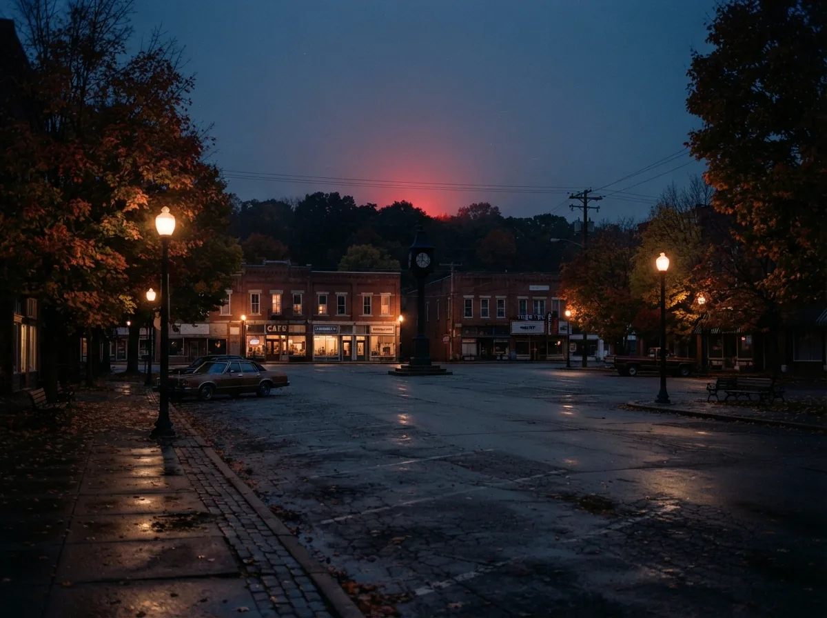 Illustration d'une petite ville américaine des années 1980 au crépuscule évoquant Hawkins dans Stranger Things.
