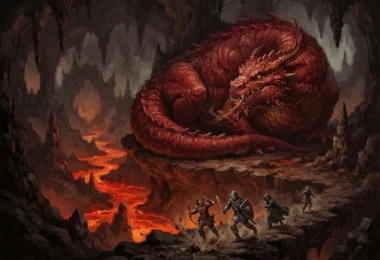 Un énorme dragon rouge cracheur de feu lové dans une vaste caverne souterraine parcourue de tunnels de lave.
