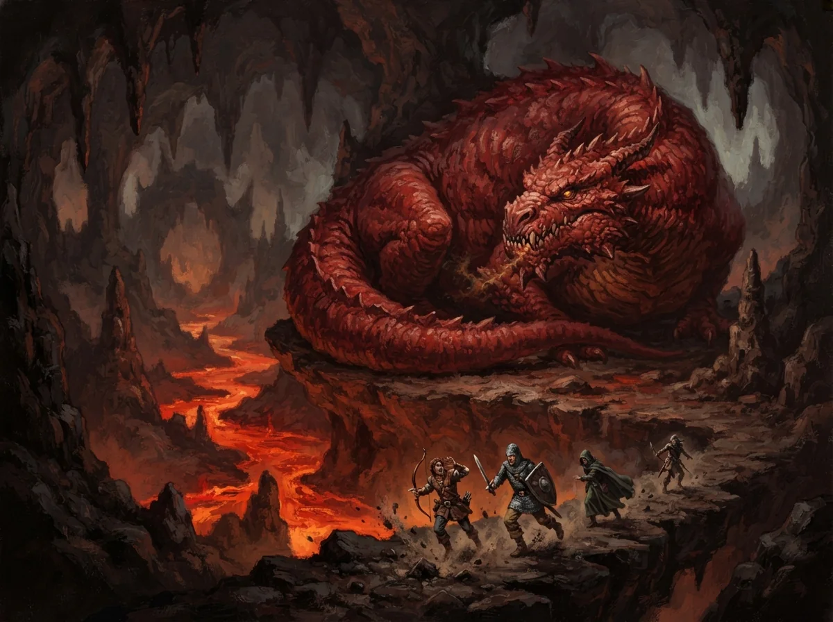 Un énorme dragon rouge cracheur de feu lové dans une vaste caverne souterraine parcourue de tunnels de lave.