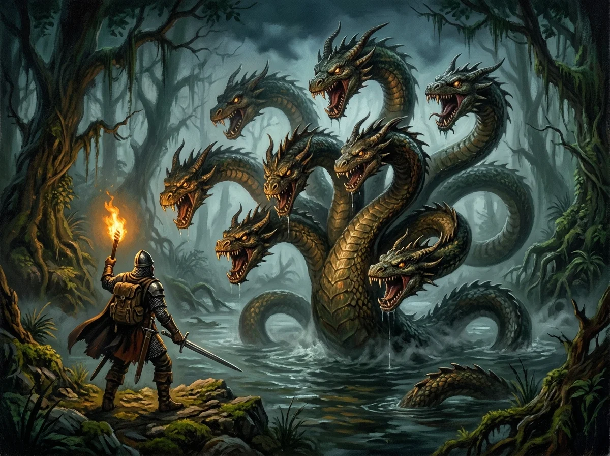 Hydre à sept têtes émergeant d'un marais brumeux, esthétique bestiaire de jeu de rôle