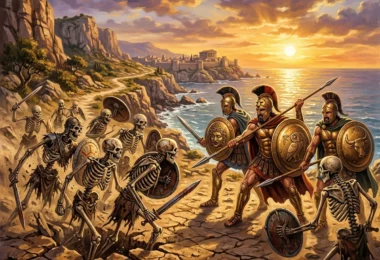 Guerriers squelettes surgissant de la terre face à des héros grecs armés, style affiche de fantasy des années 80