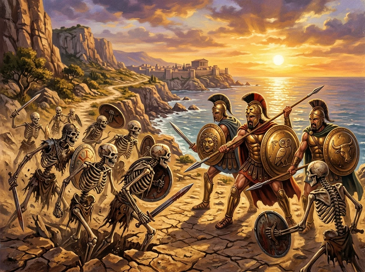 Guerriers squelettes surgissant de la terre face à des héros grecs armés, style affiche de fantasy des années 80