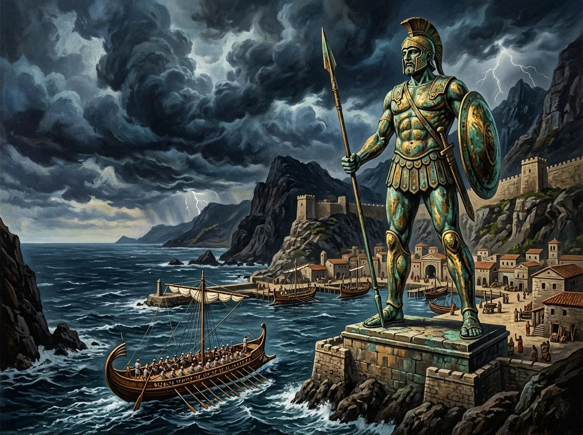 Colosse de bronze antique gravissant une falaise au bord de la mer, ambiance mythologique