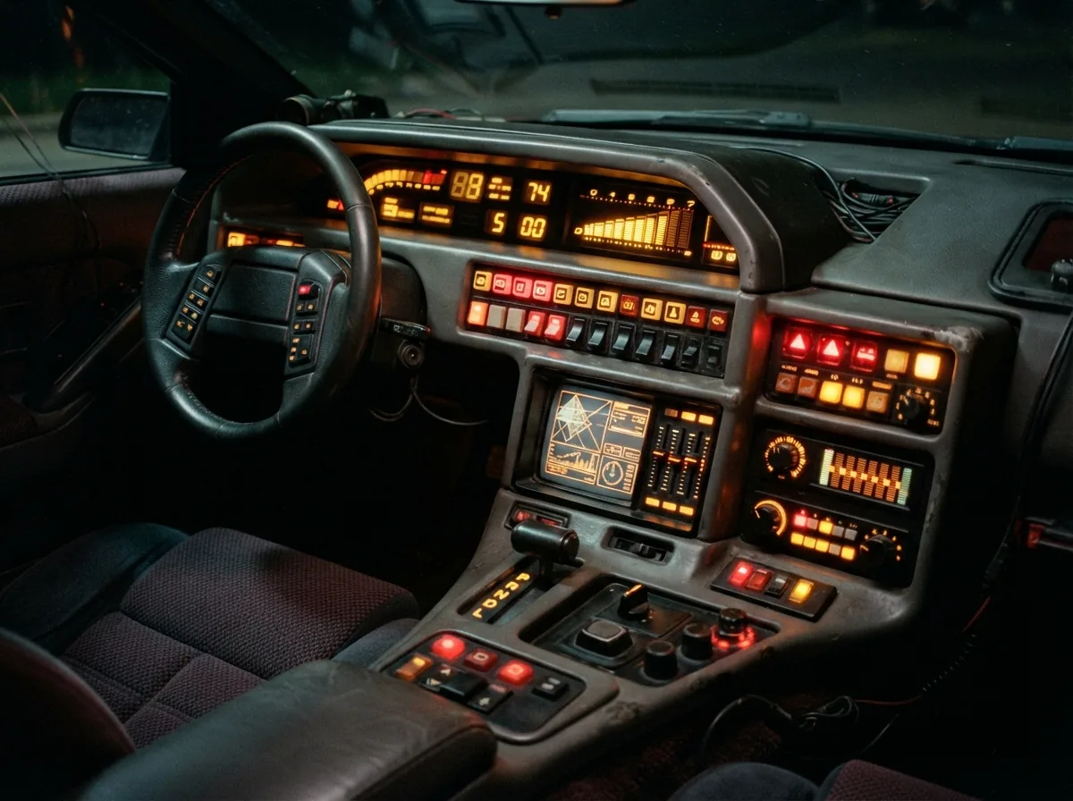 Illustration fan-art d'un tableau de bord de voiture futuriste des années 80, boutons et écrans lumineux.