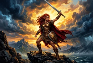 Guerrière rousse en armure de bronze brandissant son épée sur une falaise battue par l'orage