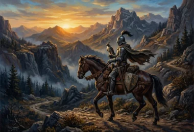Chevalier en armure à cheval, un faucon posé sur son gantelet, chevauchant un paysage de montagne à l'aube