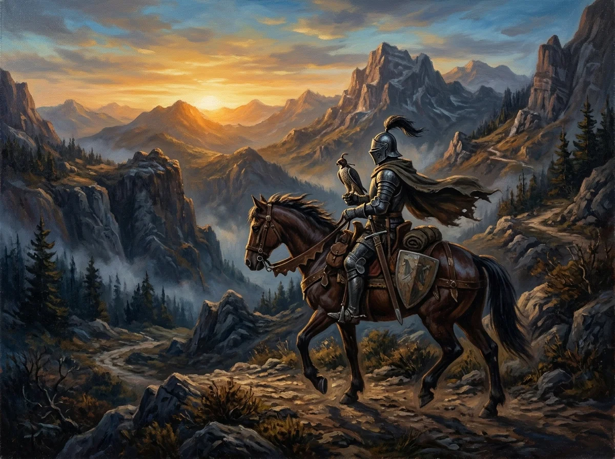 Chevalier en armure à cheval, un faucon posé sur son gantelet, chevauchant un paysage de montagne à l'aube