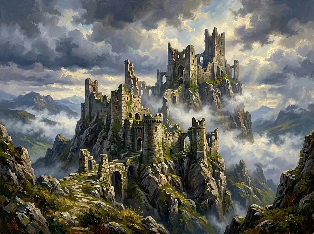 Forteresse de pierre en ruine perchée sur un sommet rocheux italien sous un ciel dramatique