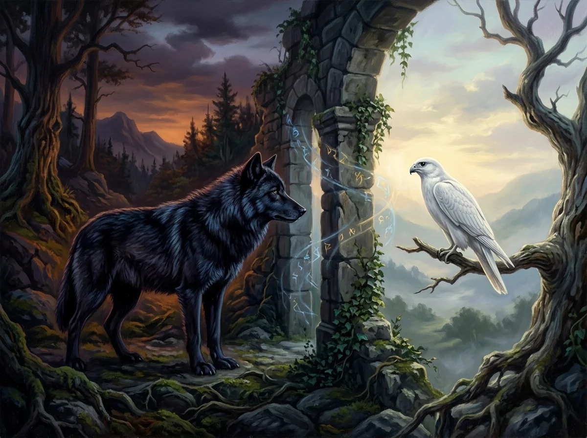 Un loup noir et un faucon blanc se faisant face à la frontière du jour et de la nuit, image de la malédiction