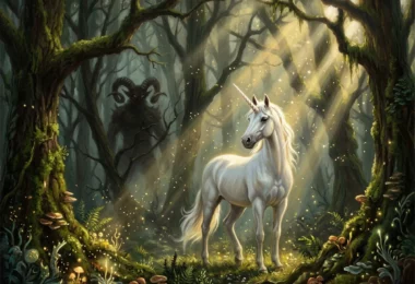 Licorne blanche dans une forêt enchantée brumeuse, une silhouette démoniaque cornue tapie dans l'ombre