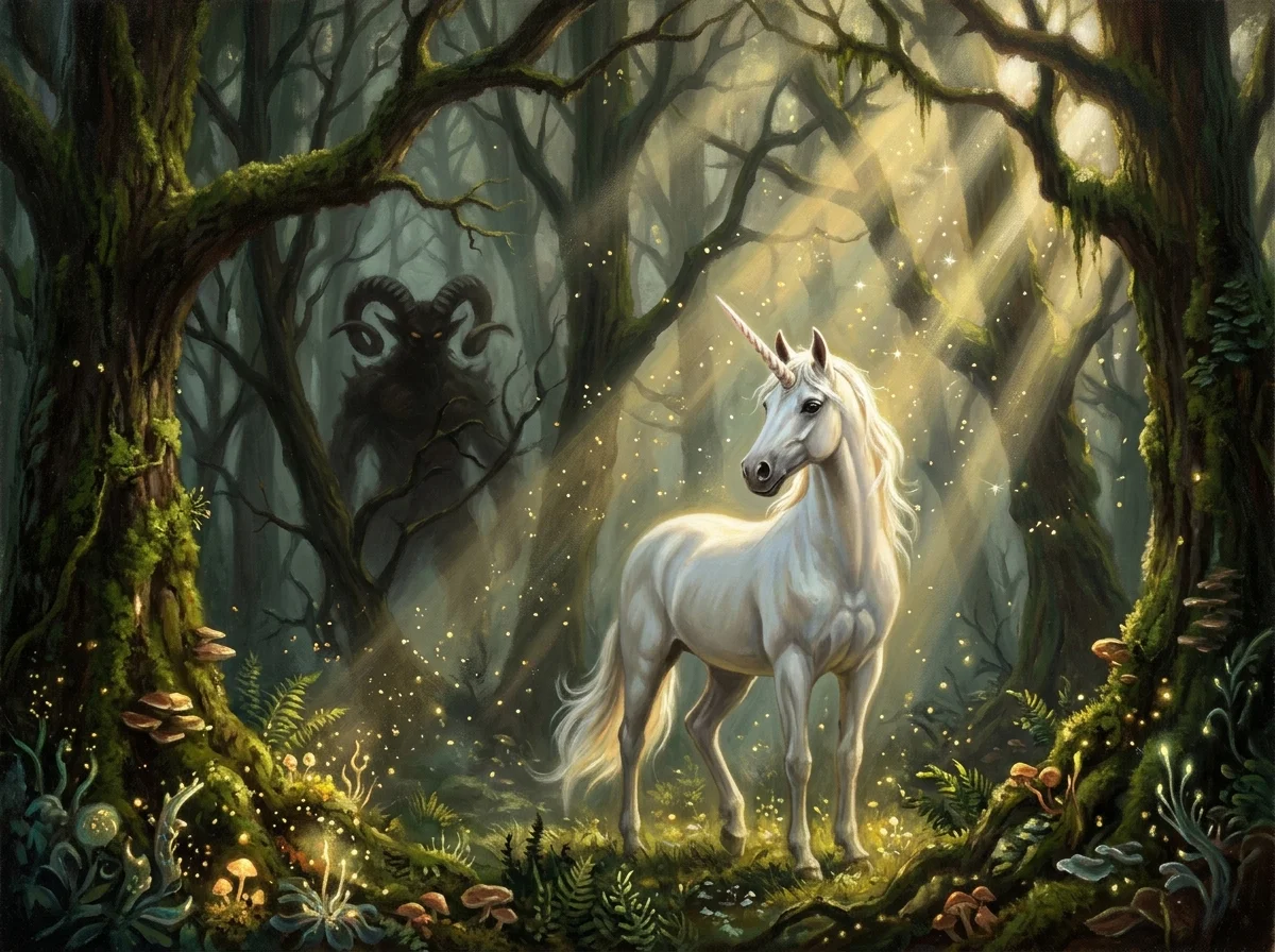 Licorne blanche dans une forêt enchantée brumeuse, une silhouette démoniaque cornue tapie dans l'ombre