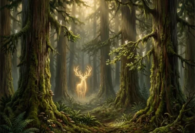 Forêt ancienne de cèdres moussus baignée d'une lumière filtrée, esprit-cerf lumineux en arrière-plan