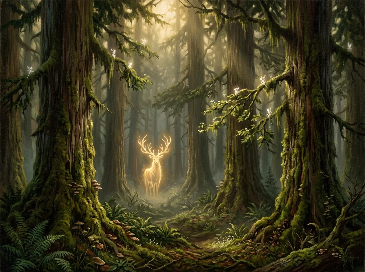 Forêt ancienne de cèdres moussus baignée d'une lumière filtrée, esprit-cerf lumineux en arrière-plan