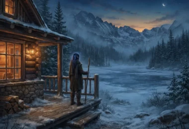 Illustration fan-art d'une cabane isolée au bord d'un lac de montagne enneigé, ambiance Resident Alien.