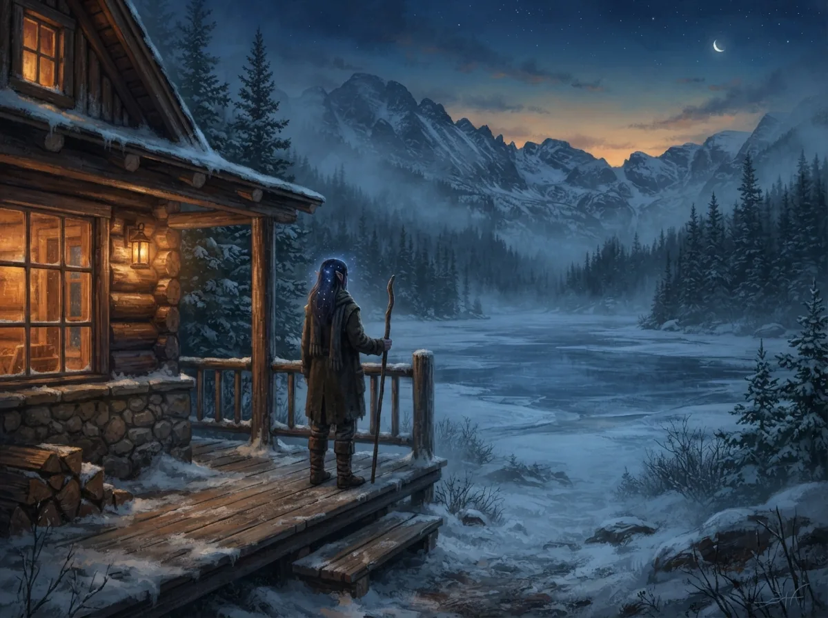 Illustration fan-art d'une cabane isolée au bord d'un lac de montagne enneigé, ambiance Resident Alien.