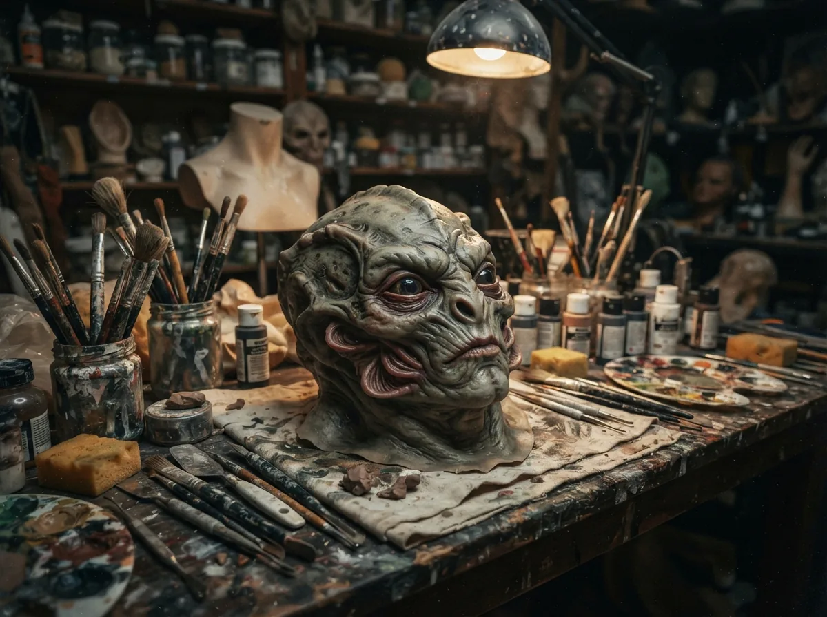 Illustration fan-art d'une prothèse d'alien et d'outils de maquillage, coulisses des effets spéciaux.
