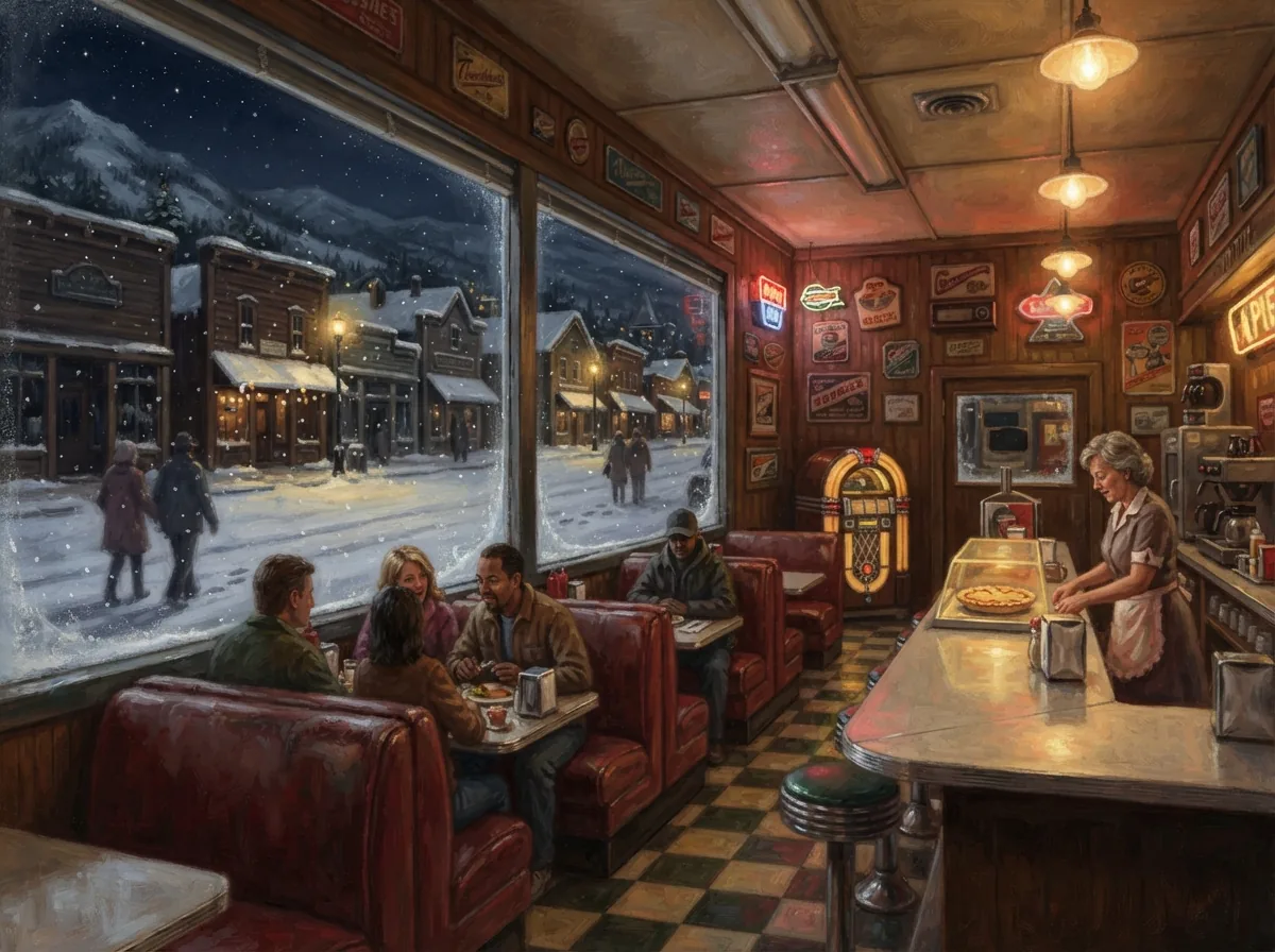 Illustration fan-art d'un diner de petite ville de montagne la nuit, évoquant la ville de Patience.