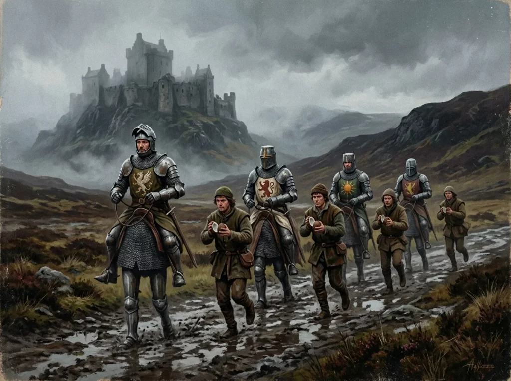 Sacré Graal des Monty Python, le nanar de génie qui hante nos tables de jeu 7 Chevaliers médiévaux mimant l'équitation suivis d'écuyers entrechoquant des noix de coco, ton parodique