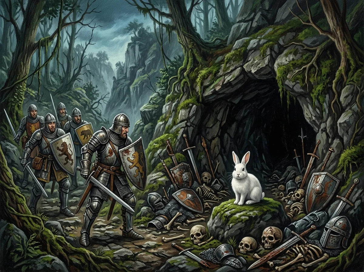 Sacré Graal des Monty Python, le nanar de génie qui hante nos tables de jeu 2 Le lapin tueur de Caerbannog de Sacré Graal : un petit lapin blanc inoffensif devant une caverne jonchée d'armures