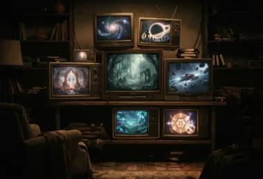 Illustration fan-art d'un salon plongé dans le noir, éclairé par de vieux téléviseurs cathodiques diffusant des images de science-fiction et de fantasy.