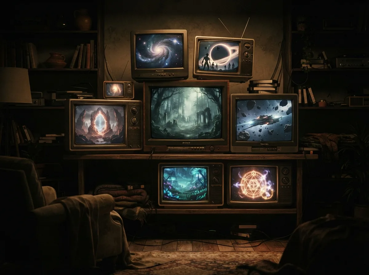 Illustration fan-art d'un salon plongé dans le noir, éclairé par de vieux téléviseurs cathodiques diffusant des images de science-fiction et de fantasy.