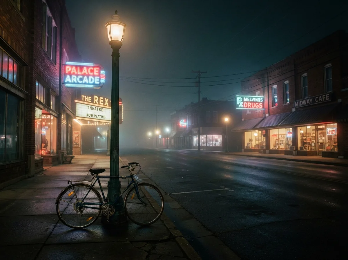 Illustration fan-art réaliste d'une rue d'une petite ville américaine des années 1980, la nuit, sous une brume légère.