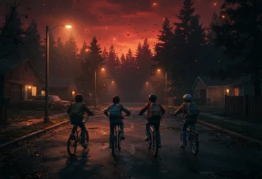 Illustration fan-art réaliste de jeunes cyclistes de dos dans une petite ville américaine des années 1980 sous un ciel rouge inquiétant.