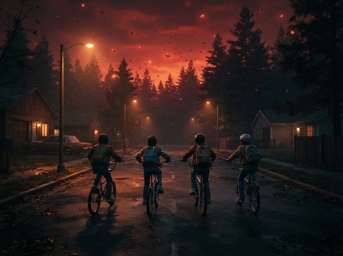 Illustration fan-art réaliste de jeunes cyclistes de dos dans une petite ville américaine des années 1980 sous un ciel rouge inquiétant.