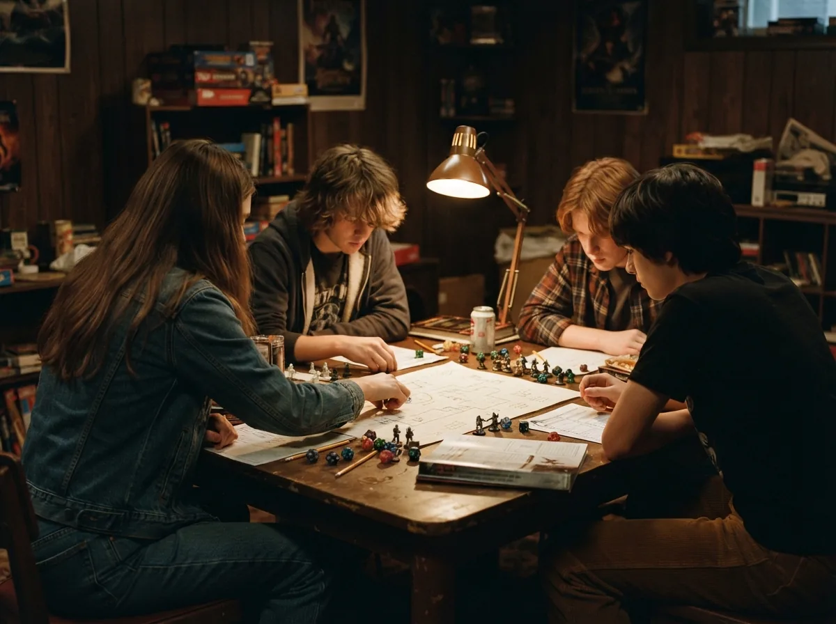 Illustration fan-art réaliste de jeunes adolescents autour d'une table de jeu de rôle éclairée à la lampe dans un sous-sol des années 1980, figurines et dés en premier plan.