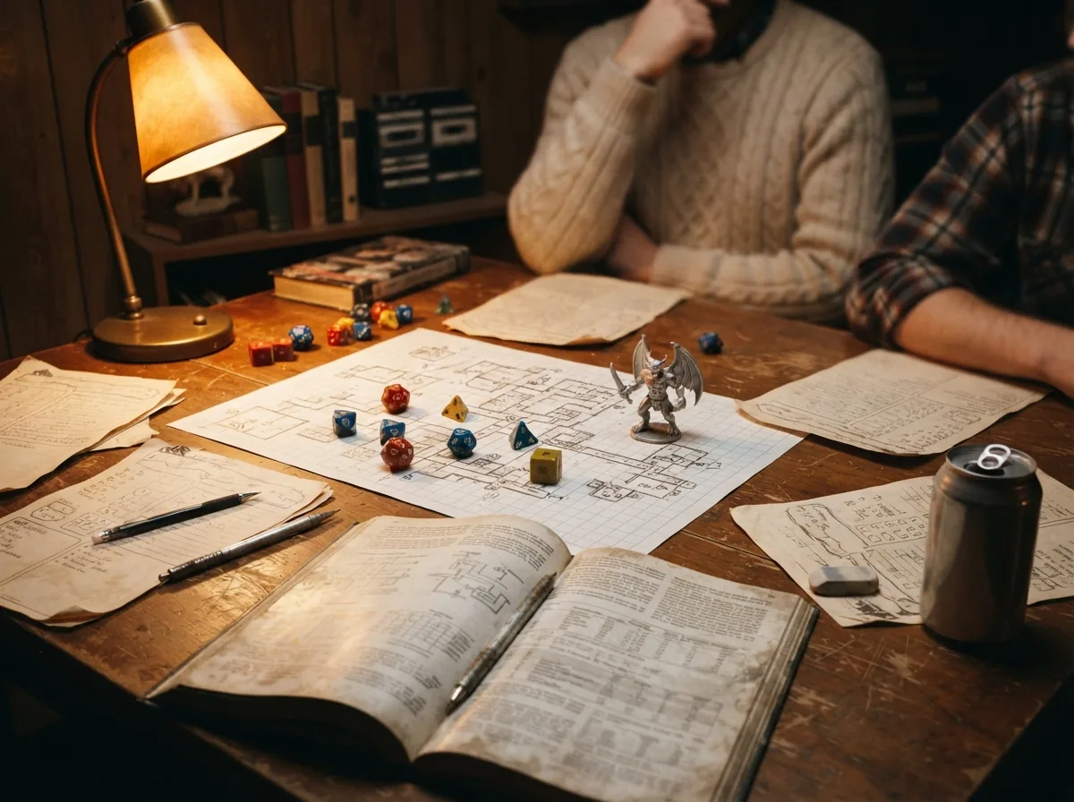 Illustration fan-art réaliste d'une table de jeu de rôle des années 1980 avec dés, carte de donjon et figurine de démon dans un sous-sol.