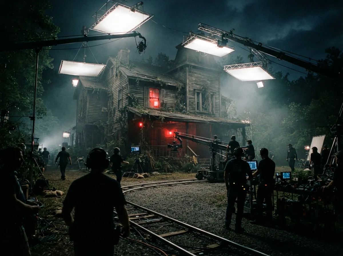 Illustration fan-art d'un plateau de tournage nocturne, grues caméra et éclairages autour d'une maison de banlieue, ambiance coulisses.