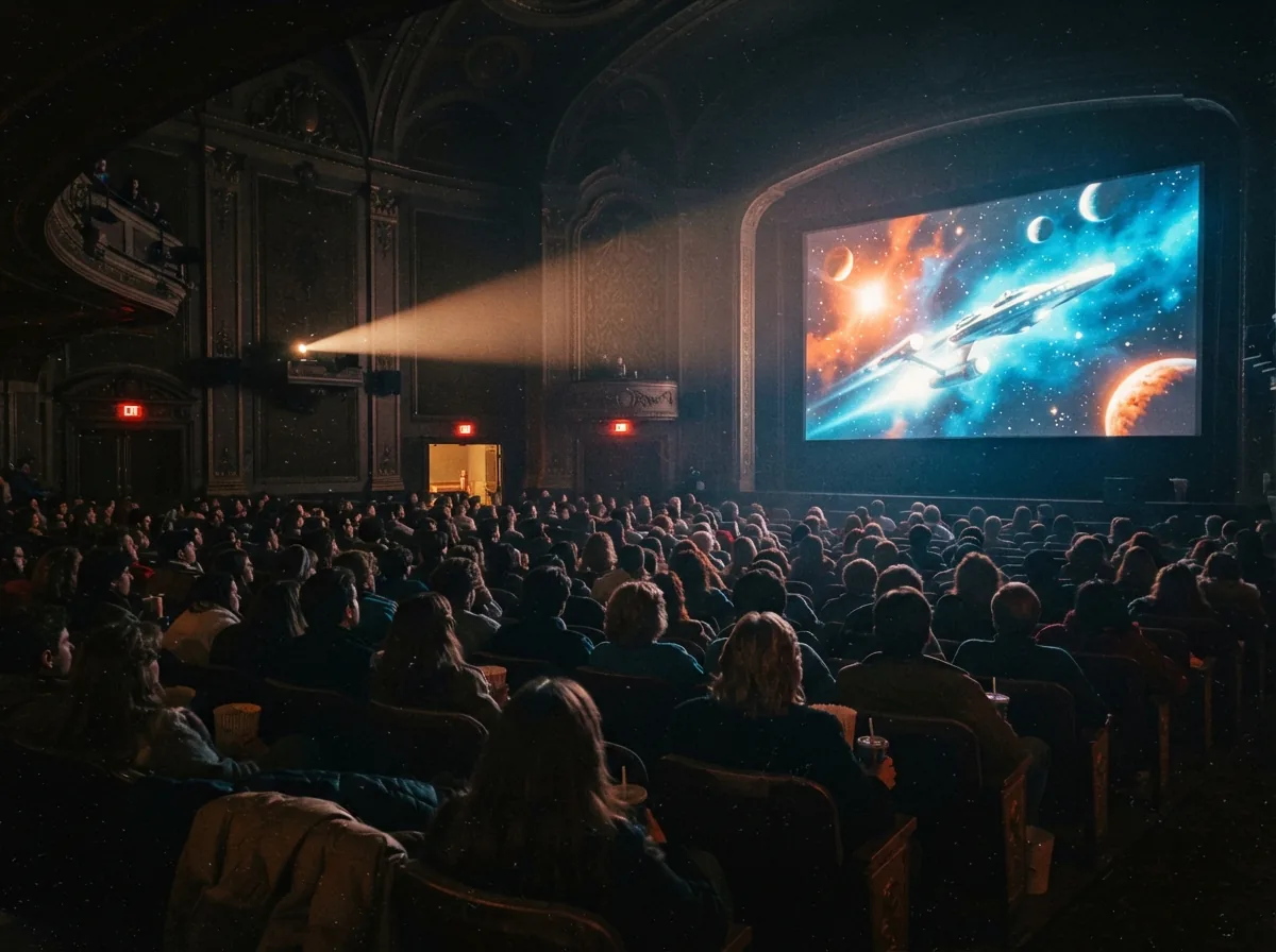 Illustration fan-art d'une salle de cinéma comble projetant l'épisode final, spectateurs vus de dos face à l'écran lumineux.