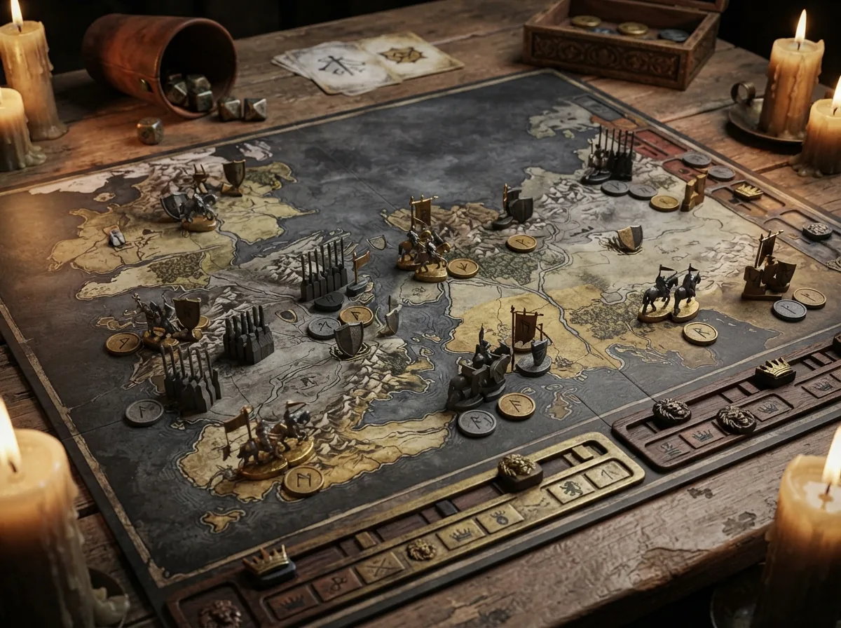 Jouer dans Westeros : le Trône de fer en JDR et en jeux de plateau 2 Jeu de plateau de stratégie médiéval en cours de partie, carte d'un royaume divisé couverte d'armées de pions et de marqueurs d'influence.