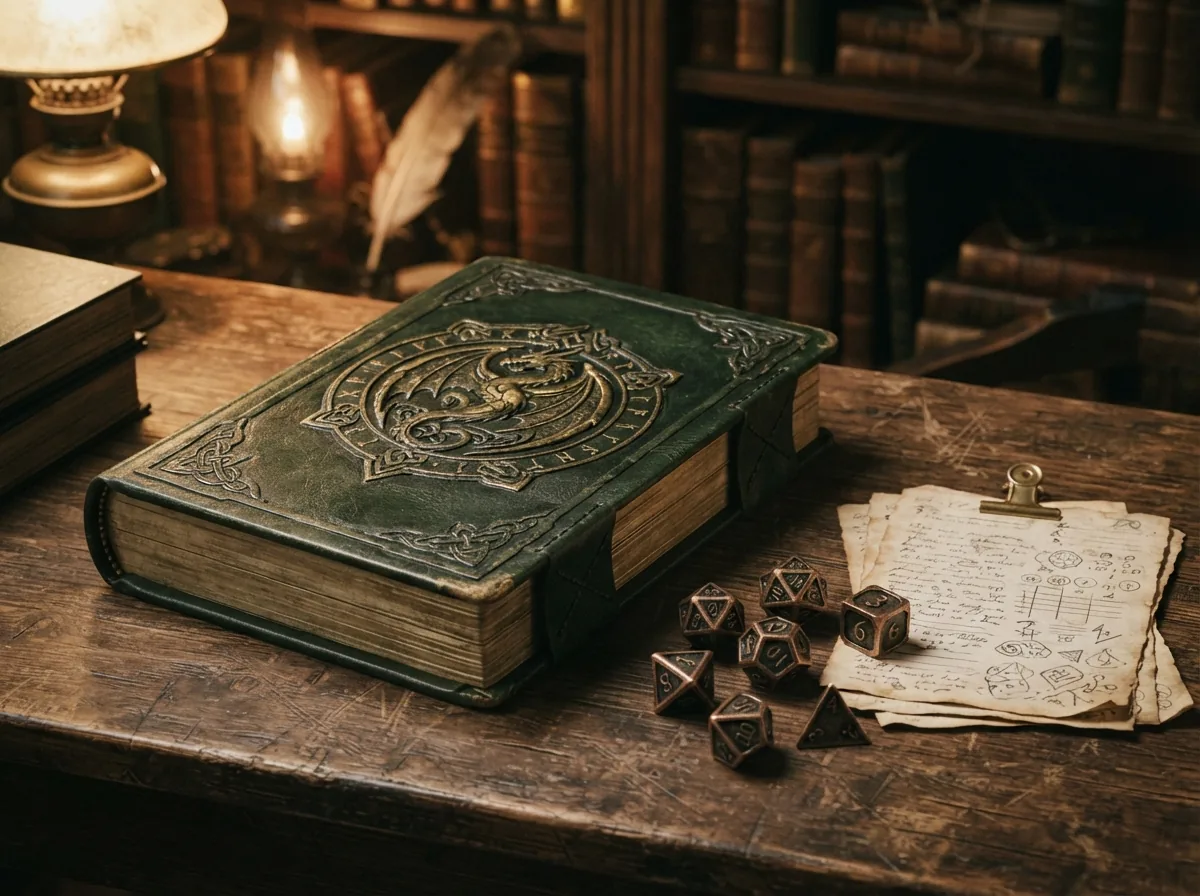 Jouer dans Westeros : le Trône de fer en JDR et en jeux de plateau 1 Épais livre de règles de jeu de rôle relié cuir, dés métalliques et fiches de personnage manuscrites posés sur une table.