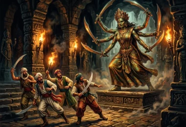 Statue de bronze à six bras armés d'épées affrontant des marins dans un temple oriental, style affiche fantasy des années 80